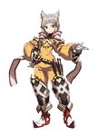  absurdres animal_ears belt bodysuit boots cat_ears dagger facial_mark flat_chest full_body gloves hand_on_hip highres hood hood_down looking_at_viewer loose_belt niyah official_art pointy_boots puffy_sleeves saitou_masatsugu sheath silver_hair solo weapon white_gloves xenoblade_(series) xenoblade_2 yellow_eyes 