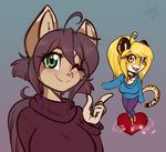  2017 amber_eyes anthro blonde_hair carry_(scorpdk) cat cheetah clothed clothing duo feline female fully_clothed gradient_background green_eyes hair hi_res long_hair looking_at_viewer mammal mihari one_eye_closed open_mouth open_smile ponytail scorpdk simple_background smile wink 