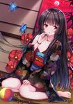  ball barefoot black_hair black_kimono bracelet bug butterfly cherry dutch_angle enma_ai floral_print flower food fruit full_body gejigejier hand_on_own_knee hand_up hime_cut holding insect japanese_clothes jewelry jigoku_shoujo kimono long_hair looking_at_viewer obi obidome obijime off_shoulder painting_(object) poppy_(flower) red_eyes sash sitting solo sweat wall wide_sleeves yokozuwari 