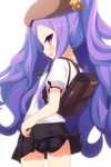  absurdres ass backpack bag big_hair black_panties black_skirt bow fate/grand_order fate_(series) from_behind highres long_hair looking_at_viewer looking_back miniskirt naughty_face open_mouth panties purple_eyes purple_hair school_uniform shimejinameko shirt skirt smile solo twintails underwear very_long_hair white_shirt wind wind_lift wu_zetian_(fate/grand_order) 