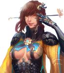  armor braid breasts brown_hair ewing flower gauntlets hair_ornament hairpin high_collar highres korean_clothes looking_at_viewer medium_breasts orange_eyes original salute shoulder_armor sidelocks smile solo standing two-finger_salute underboob_cutout upper_body vambraces 