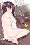  absurdres ahoge ass bad_feet bad_id bad_pixiv_id bare_back barefoot basin bathtub black_hair blush breasts covering dutch_angle from_behind full_body highres indoors kantai_collection kengorou_saemon_ii_sei large_breasts long_hair looking_at_viewer nude_cover open_mouth rubber_duck sitting soles solo toes towel ushio_(kantai_collection) washbowl water wooden_floor wooden_wall 