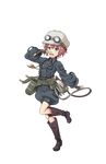  aqua_eyes belt brown_gloves brown_hat finger_to_nose fingerless_gloves full_body gloves gloves_removed goggles goggles_on_headwear hat highres jacket looking_at_viewer official_art pocket princess_principal princess_principal_game_of_mission red_hair screwdriver short_hair solo standing standing_on_one_leg tina_flywheel transparent_background utility_belt whistle white_gloves wrench 