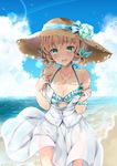  :d alternate_costume aqua_bikini bangs beach bikini bikini_under_clothes blonde_hair blue_ribbon blue_sky blush bracelet breasts brown_hat casual cleavage cloud collarbone colored_eyelashes day eyebrows_visible_through_hair flower frilled_bikini frills glint green_eyes hair_ribbon halterneck hat hat_flower hat_ribbon horizon jewelry lens_flare looking_at_viewer medium_breasts natalia_luzu_kimlasca_lanvaldear necklace ocean off_shoulder open_clothes open_mouth open_shirt outdoors pendant ribbon see-through shirt short_hair shuragyoku_mami side-tie_bikini skirt sky smile solo sparkle straw_hat sun_hat swimsuit tales_of_(series) tales_of_the_abyss undressing water white_shirt white_skirt 