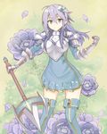  ahoge anemone_(flower) anemone_(flower_knight_girl) armor armored_dress blue_eyes boots flower flower_knight_girl hair_between_eyes hair_ornament hairclip hand_up highres holding holding_spear holding_weapon kittoma_(f152old) long_hair looking_at_viewer muted_color polearm purple_hair smile spear thighhighs weapon zettai_ryouiki 