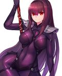  armor bodysuit breasts breasts_apart commentary covered_navel fate/grand_order fate_(series) gae_bolg hair_between_eyes highres long_hair looking_at_viewer medium_breasts pauldrons polearm purple_bodysuit red_eyes red_hair scathach_(fate)_(all) scathach_(fate/grand_order) shoulder_armor simple_background smile solo sookmo spear very_long_hair weapon white_background 