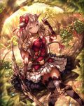  animal_ears arm_support arm_up armor arrow bare_shoulders belt bow bow_(weapon) day dress elbow_gloves frilled_skirt frills from_above gloves h2o_(dfo) hair_bow hair_ornament holding jewelry knee_pads long_hair looking_at_viewer nature necklace original outdoors shadow shoulder_armor sitting skirt smile solo strapless strapless_dress sword tail thighhighs weapon white_hair white_skirt yellow_eyes zettai_ryouiki 