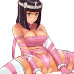  alternate_costume ass bandages bangs bare_shoulders black_hair blunt_bangs blush bracelet breasts bright_pupils cleavage closed_mouth coldcrush collarbone dark_skin egyptian egyptian_clothes elbow_gloves eyebrows fingerless_gloves gloves green_eyes jewelry large_breasts leaning leaning_back menat navel short_hair simple_background single_thighhigh sitting solo spread_legs street_fighter street_fighter_v thighhighs tiara tongue tongue_out white_background white_gloves white_legwear white_pupils 