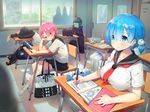  3girls adapted_object alternate_hairstyle ayamy bag blue_eyes blue_hair book breast_rest breasts chair chin_rest classroom cloak closed_mouth contemporary desk emilia_(re:zero) eyebrows_visible_through_hair green_hair green_skin grin hair_ornament hair_over_one_eye hakugei_(re:zero) hidden_face highres indoors jacket large_breasts magic_circle multiple_boys multiple_girls natsuki_subaru open_book petelgeuse_romaneeconti pink_eyes pink_hair pleated_skirt puck_(re:zero) ram_(re:zero) re:zero_kara_hajimeru_isekai_seikatsu rem_(re:zero) school_chair school_desk school_uniform serafuku shoes short_hair short_sidetail sitting skirt smile sneakers socks thighhighs tile_floor tiles track_jacket track_suit uwabaki white_legwear x_hair_ornament 