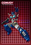  1boy 80s autobot blue_eyes full_body grid grid_background gun handgun headgear holding holding_gun holding_weapon insignia looking_at_viewer machine machinery mecha no_humans oldschool optimus_prime paintedmike ray_guns red red_background rifle robot solo transformers weapon 