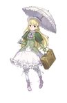  blonde_hair blue_eyes bow braid briefcase chain dress flower frilled_dress frilled_umbrella frills full_body gloves green_dress hat hat_flower highres long_hair looking_at_viewer makaria monica_golding official_art over_shoulder parasol princess_principal princess_principal_game_of_mission shoes smile solo standing transparent_background umbrella very_long_hair white_bow white_footwear white_gloves white_hat white_legwear white_umbrella 