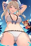  armpits arms_up ball bangs beachball bikini blue_ribbon blush breasts brown_hair cleavage collarbone commentary_request cucouroux_(granblue_fantasy) day eyebrows_visible_through_hair from_below granblue_fantasy hair_ribbon large_breasts long_hair looking_at_viewer navel nuko_(mikupantu) open_mouth outdoors palm_tree purple_eyes ribbon sidelocks smile solo striped striped_ribbon swimsuit thighs tree vee_(granblue_fantasy) wading water_drop white_bikini 