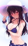  bird blue_scrunchie blurry blush breast_hold breasts choker cleavage closed_mouth day depth_of_field eyebrows_visible_through_hair floral_print hair_between_eyes hand_on_headwear hat hat_ribbon highres hplay kasumigaoka_utaha large_breasts long_hair looking_at_viewer navel o-ring o-ring_bikini o-ring_top outdoors purple_bikini_top purple_hair red_eyes ribbon saenai_heroine_no_sodatekata sarong scrunchie shiny shiny_skin solo sun_hat wrist_scrunchie 