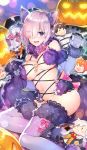  1girl :d animal_costume animal_ears bare_shoulders black_nails blush bow breasts card_(medium) character_doll claws cleavage company_name copyright_name costume dangerous_beast elbow_gloves fang fate/grand_order fate_(series) fou_(fate/grand_order) fujimaru_ritsuka_(female) fujimaru_ritsuka_(male) fur-trimmed_gloves fur-trimmed_legwear fur_trim gloves halloween halloween_costume jack-o&#039;-lantern large_breasts long_nails looking_at_viewer mash_kyrielight nail_polish navel official_art olga_marie_animusphere open_mouth pink_hair pumpkin purple_eyes purple_legwear redrop romani_archaman shiny shiny_hair shiny_skin short_hair sidelocks smile star tail tail_grab thighhighs underboob wolf_costume wolf_ears wolf_tail 