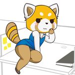  1girl :3 aggressive_retsuko animal_ears arm_support black_eyes black_panties blue_jacket blue_skirt blush blush_stickers brown_shoes business_suit desk full_body furry hand_to_own_mouth hand_up indoors itsded jacket long_sleeves looking_to_the_side no_humans panties pantyhose pantyshot pantyshot_(sitting) paws pencil_skirt retsuko shirt shoes simple_background sitting skirt smile solo suit tail underwear white_background white_shirt 