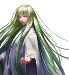  bangs enkidu_(fate/strange_fake) eyebrows_visible_through_hair fate/strange_fake fate_(series) green_eyes green_hair jewelry long_hair long_sleeves looking_at_viewer male_focus necklace outstretched_arm parted_lips robe simple_background solo standing tenobe very_long_hair white_background white_robe wide_sleeves 
