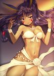  animal_ears bandeau bangs bare_shoulders bikini blunt_bangs blush breasts closed_mouth dark_skin earrings eyebrows_visible_through_hair facial_mark fate/grand_order fate_(series) front-tie_bikini front-tie_top hair_tubes hands_up highres hoop_earrings jackal_ears jewelry jitome long_hair looking_at_viewer lying medium_breasts navel nitocris_(fate/grand_order) nitocris_(swimsuit_assassin)_(fate) on_back purple_eyes purple_hair sarong solo swimsuit thighs tsurime very_long_hair vsi0v white_bikini 