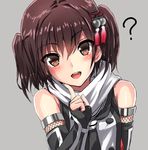  :d ? bangs black_gloves black_neckwear blush brown_eyes brown_hair double-breasted elbow_gloves eyebrows_visible_through_hair finger_to_cheek fingerless_gloves fishnets gloves grey_background hair_ornament hairpin head_tilt index_finger_raised kantai_collection looking_at_viewer neckerchief open_mouth remodel_(kantai_collection) round_teeth scarf school_uniform sendai_(kantai_collection) serafuku shiny shiny_skin short_hair simple_background sleeveless smile solo tassel teeth tooi_aoiro two_side_up upper_body white_scarf 