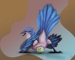  2017 absurd_res anal anal_penetration animal_genitalia avian beak bird blue_feathers butt claws cloaca digital_media_(artwork) drooling egg feathered_wings feathers feral hi_res male nude open_mouth orange_eyes orgasm oviposition penetration phinja saliva scrubjay simple_background smile solo toe_claws toes tongue tongue_out western_scrubjay white_feathers wings 
