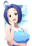  :d ahoge blue_hair breasts hand_on_own_cheek highres idolmaster idolmaster_(classic) l_(laine) large_breasts looking_at_viewer miura_azusa open_mouth purple_eyes short_hair smile solo upper_body 