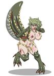  1girl blush breasts buti-yu deviljho drooling full_body green_hair large_breasts monster_girl monster_hunter open_mouth red_eyes scar short_hair solo tail tongue_out 