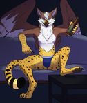  anthro avian blue_eyes bottle bulge clothed clothing cubi fynath gryphon hi_res looking_at_viewer male partially_clothed sitting sofa solo underwear 