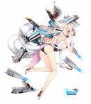  ace_virgin aircraft airplane ass asymmetrical_sleeves bangs black_leotard blonde_hair blue_eyes eyebrows_visible_through_hair f-14_tomcat full_body gloves heterochromia high_heels highres holding holding_stick holding_sword holding_weapon jacket kangetsu_(fhalei) leotard looking_at_viewer mecha_musume multiple_tails open_mouth simple_background solo standing standing_on_one_leg sword tail torn_clothes two_tails weapon white_background white_gloves white_jacket yellow_eyes 