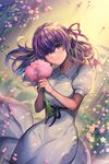  bad_id bad_pixiv_id brown_eyes dress ells eyebrows_visible_through_hair fate/stay_night fate_(series) floating_hair flower hair_between_eyes hair_ribbon head_tilt highres holding holding_flower long_hair looking_at_viewer matou_sakura pink_flower purple_hair purple_ribbon ribbon short_sleeves smile solo white_dress 