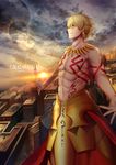  absurdres armor blonde_hair cloud earrings fate_(series) gilgamesh hair_between_eyes highres jewelry kuraka lens_flare male_focus outdoors outstretched_arms red_eyes solo tattoo 