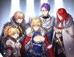  3boys ;d aqua_eyes armor artoria_pendragon_(all) artoria_pendragon_(lancer) bangs blonde_hair blue_eyes blush breastplate breasts cape chain cleavage closed_eyes closed_mouth commentary_request crown eyebrows_visible_through_hair fate/apocrypha fate/extra fate/grand_order fate_(series) fur_trim gawain_(fate/extra) gawain_(fate/grand_order) grin hair_ornament hair_scrunchie kangetsu_(fhalei) knights_of_the_round_table_(fate) lancelot_(fate/grand_order) large_breasts long_hair looking_at_viewer mordred_(fate) mordred_(fate)_(all) multiple_boys multiple_girls one_eye_closed open_mouth pauldrons ponytail purple_eyes red_cape red_eyes red_scrunchie scrunchie smile standing sword tristan_(fate/grand_order) v-shaped_eyebrows weapon 