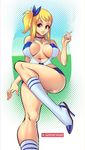  1girl blonde_hair breasts brown_eyes cigarette cleavage fairy_tail female high_heels large_breasts long_hair lucy_heartfilia navel shoes smile smoking socks solo supersatanson tagme 