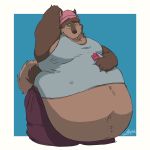  anthro beanie belly belly_overhang big_belly blue_background brown_fur canine clothed clothing dog food fur hand_behind_head hat holding_food holding_object love_handles male mammal moobs navel obese obese_male overweight overweight_male popsicle shirt simple_background solo squish tank_top tongue tongue_out white-ryce white_background wide_hips 