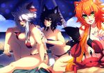  3girls abs alternate_hairstyle animal_ears bare_shoulders beach bikini black_bikini black_hair blanket blush breasts cat_ears cat_girl catheline_(deathblight) crab crescentia deathblight ferania_(deathblight) green_eyes hair_ornament large_breasts lips lipstick long_hair long_nails minori_(deathblight) multiple_girls nail_polish navel ocean orange_hair ponytail purple_bikini purple_eyes red_bikini red_eyes ribbon sand short_hair side-tie_bikini silver_hair sitting sky slit_pupils smile summer sunscreen swimsuit tail umbrella white_hair wide_hips wolf_ears wolf_girl wolf_tail 