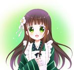  :d aisu_(icetar) ama_usa_an_uniform apron bangs blunt_bangs blush brown_hair commentary_request eyebrows_visible_through_hair flat_chest flower gochuumon_wa_usagi_desu_ka? gradient gradient_background green_eyes green_kimono hair_flower hair_ornament hand_on_own_chest highres japanese_clothes kimono long_hair looking_at_viewer maid_apron open_mouth pink_ribbon polka_dot_trim ribbon sidelocks smile solo striped striped_kimono two-tone_background ujimatsu_chiya upper_body white_apron white_flower wide_sleeves 