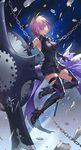  armor armored_boots armpits black_legwear black_leotard boots breasts breasts_apart chain fate/grand_order fate_(series) full_body hair_over_one_eye high_heel_boots high_heels kongxin_dian leotard looking_at_viewer mash_kyrielight medium_breasts purple_eyes purple_hair short_hair solo thighhighs 