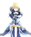  aqua_eyes armor armored_dress arthur_pendragon_(fate) arthur_pendragon_(fate)_(cosplay) artoria_pendragon_(all) blonde_hair blue_dress cosplay dress excalibur fate/stay_night fate_(series) gauntlets hair_between_eyes highres holding holding_sword holding_weapon looking_at_viewer saber short_hair simple_background solo somemiya_suzume standing sword weapon white_background 