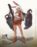  &gt;:) animal_ears artist_request bangs bare_legs black_gloves black_shorts bunny_ears character_name closed_mouth copyright_name crossed_bangs dark_skin full_body girls_frontline gloves gun hands_up high_tops highres holding holding_gun holding_weapon long_hair looking_at_viewer midriff navel neostead ns2000_(girls_frontline) official_art red_eyes rigging shadow shoes short_shorts shorts shotgun shotgun_shells smile sneakers solo standing tank_top v-shaped_eyebrows watermark weapon web_address white_hair 