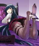  1girl ass bed blue_hair blush boots feet hair_over_one_eye hayashimo_(kantai_collection) highres kantai_collection long_hair looking_at_viewer looking_back lying on_stomach pantyhose parted_lips pink_eyes shoes_removed soles suggestive_fluid toes very_long_hair 