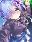  aqua_hair bag blue_eyes breasts commentary_request faux_traditional_media hair_over_one_eye handbag highres kousaka_yami large_breasts long_sleeves looking_at_viewer necktie re:zero_kara_hajimeru_isekai_seikatsu rem_(re:zero) school_uniform skirt solo traditional_media 