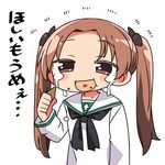  aho_girl black_ribbon brown_eyes brown_hair crying crying_with_eyes_open eating girls_und_panzer hair_ribbon kadotani_anzu kanikama long_hair long_sleeves looking_at_viewer lowres ooarai_school_uniform open_mouth ribbon school_uniform serafuku simple_background solo tears translated twintails white_background 