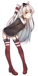  absurdres amatsukaze_(kantai_collection) arms_behind_back ass_visible_through_thighs black_hairband brown_dress brown_eyes choker collarbone dress full_body garter_straps hair_between_eyes hair_tubes hairband highres kantai_collection kure_(kure_ng) leaning_forward long_hair looking_at_viewer red_legwear sailor_dress short_dress silver_hair simple_background smile solo standing thighhighs two_side_up very_long_hair white_background 