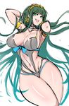  :d absurdres armpits arms_behind_head blush breasts cleavage cleopatra_(fate/grand_order) fate/grand_order fate_(series) green_eyes green_hair hairband highres hometa large_breasts long_hair looking_at_viewer navel one-piece_swimsuit open_mouth simple_background sketch smile solo swimsuit teeth very_long_hair white_background 
