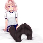  :o androgynous arm_support astolfo_(fate) bed bed_sheet black_legwear blue_shorts fate/apocrypha fate/grand_order fate_(series) feet full_body gym_uniform hair_intakes looking_at_viewer male_focus multicolored_hair no_shoes otoko_no_ko pink_hair purple_eyes shirt short_sleeves shorts sitting solo streaked_hair tarosu thighhighs thighs white_background white_shirt 