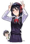  1girl =_= absurdres bangs black_hair black_shirt black_skirt blush blush_stickers brown_eyes brown_hair cellphone closed_mouth commentary_request double_v green_neckwear hairband hands_up highres holding holding_phone kimi_no_na_wa long_sleeves looking_at_another miyamizu_mitsuha neck_ribbon necktie outline phone pleated_skirt red_hairband red_ribbon ribbon school_uniform shirt short_hair signature simple_background skirt smartphone sohn_woohyoung sweater_vest tachibana_taki taking_picture v white_background white_shirt 