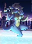  2017 alcohol anthro beverage big_breasts bikini breasts campfire_(character) city cleavage clothed clothing dragon eyelashes fangs female green_eyes green_hair hair horn hot_tub long_hair looking_at_viewer multicolored_hair re-sublimity-kun scalie skyline smile solo swimsuit teeth water wine 