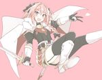  :d armor astolfo_(fate) bangs belt black_jacket black_legwear blush boots braid cape commentary_request eyebrows_visible_through_hair fang fate/apocrypha fate_(series) feet_out_of_frame fur_trim gauntlets grey_eyes hair_over_shoulder heart holding holding_sword holding_weapon jacket long_hair long_sleeves looking_at_viewer male_focus mobu open_mouth otoko_no_ko pink_background pink_hair simple_background single_braid smile solo sword thighhighs weapon white_cape white_footwear 
