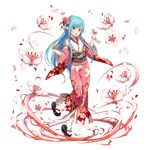  asuna_(sao) asuna_(sao-alo) blue_eyes blue_hair bracelet braid floral_print flower french_braid full_body hair_flower hair_ornament highres japanese_clothes jewelry kimono long_hair long_sleeves looking_at_viewer obi official_art open_mouth petals platform_footwear pointy_ears sandals sash solo sword_art_online sword_art_online:_memory_defrag tabi transparent_background wide_sleeves 