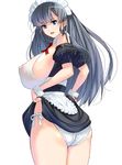  ass blue_eyes breasts dress dress_lift highres huge_breasts long_hair looking_at_viewer maid maid_headdress masao original panties parted_lips see-through sideboob silver_hair simple_background smile solo thighs underwear white_background white_panties 