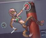  5_fingers anthro aurancreations breasts clothed clothing detailed_background female green_eyes holding_object holding_weapon hyena knife mammal solo weapon 