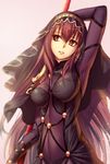  arm_up armpits bodysuit breasts breasts_apart brown_hair eyebrows_visible_through_hair fate/grand_order fate_(series) hair_between_eyes holding holding_weapon long_hair looking_away medium_breasts metto pink_background polearm red_eyes scathach_(fate)_(all) scathach_(fate/grand_order) simple_background solo spear standing upper_body very_long_hair weapon 